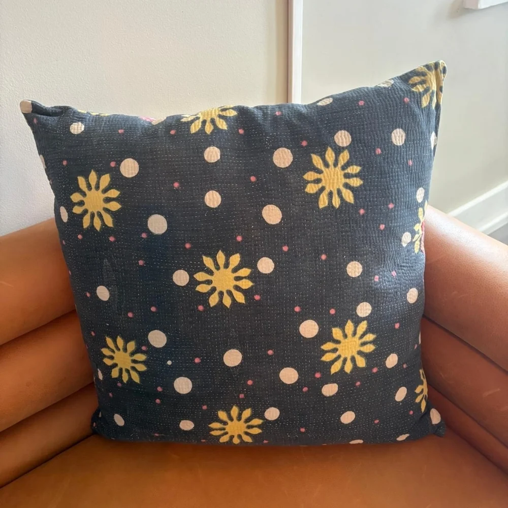 NWT Vintage One Of A Kind Sari Kantha Pillow-22in Black and Yellow Celestial